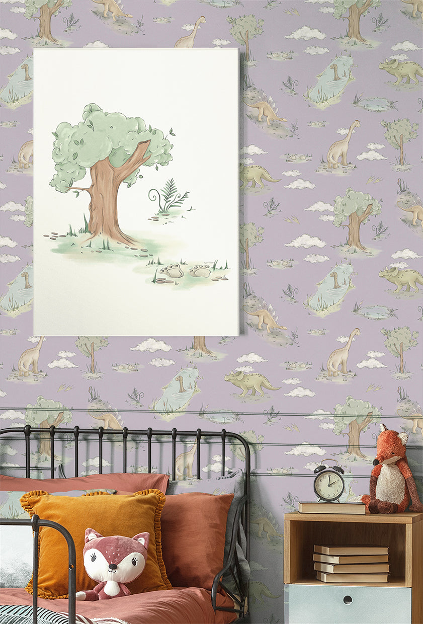 Dino Dreams - Dinosaur Wallpaper - Lilac/Sky